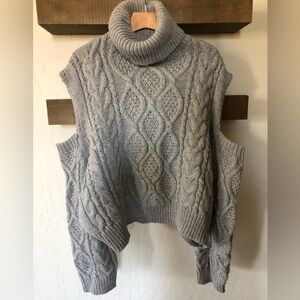 Lalavon|Chunky grey knit,fisherman knit turtleneck sweater,cold shoulder•LARGE